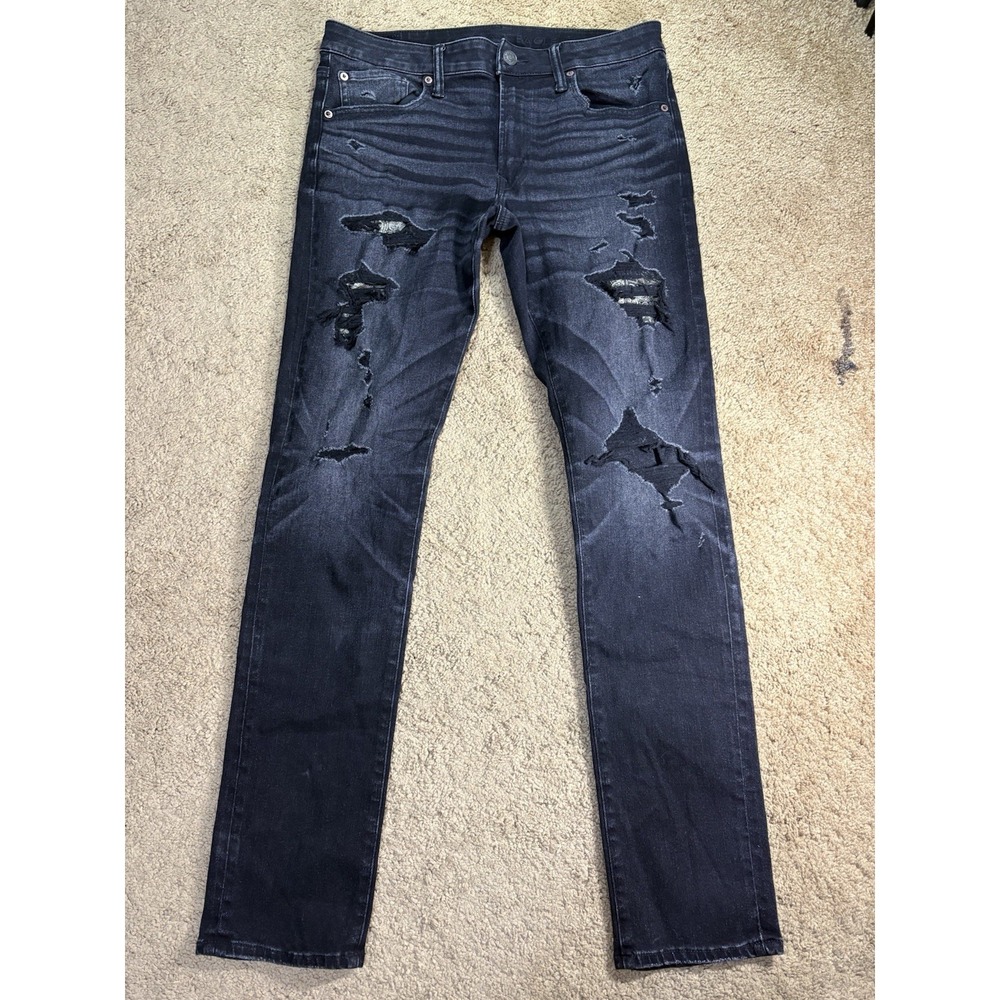 American Eagle Slim Jean Men 34x36 Black Distressed Denim Airflex 360 Grunge